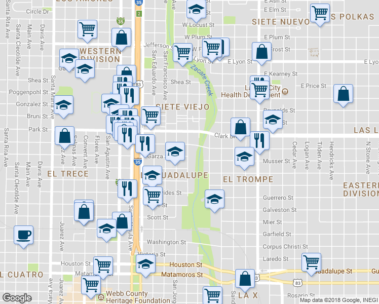 map of restaurants, bars, coffee shops, grocery stores, and more near 1809 San Enrique Avenue in Laredo