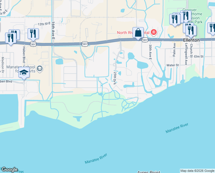 map of restaurants, bars, coffee shops, grocery stores, and more near 2314 5th Avenue Drive East in Palmetto