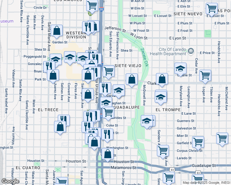 map of restaurants, bars, coffee shops, grocery stores, and more near 505 Sanchez Street in Laredo