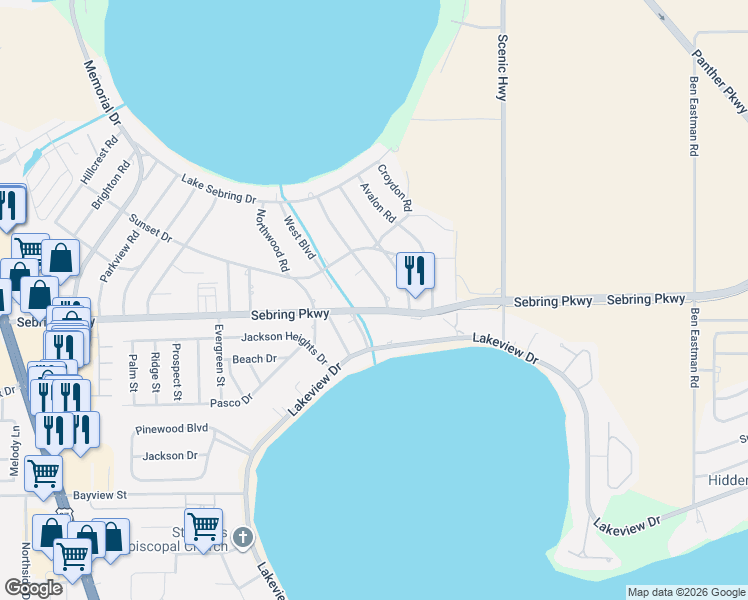 map of restaurants, bars, coffee shops, grocery stores, and more near 2020 Gardenview Road in Sebring