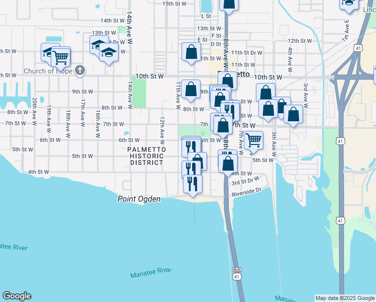 map of restaurants, bars, coffee shops, grocery stores, and more near 1037 6th Street West in Palmetto