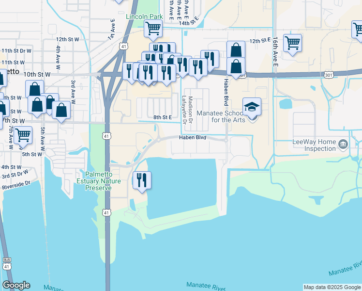 map of restaurants, bars, coffee shops, grocery stores, and more near 316 8th Avenue East in Palmetto