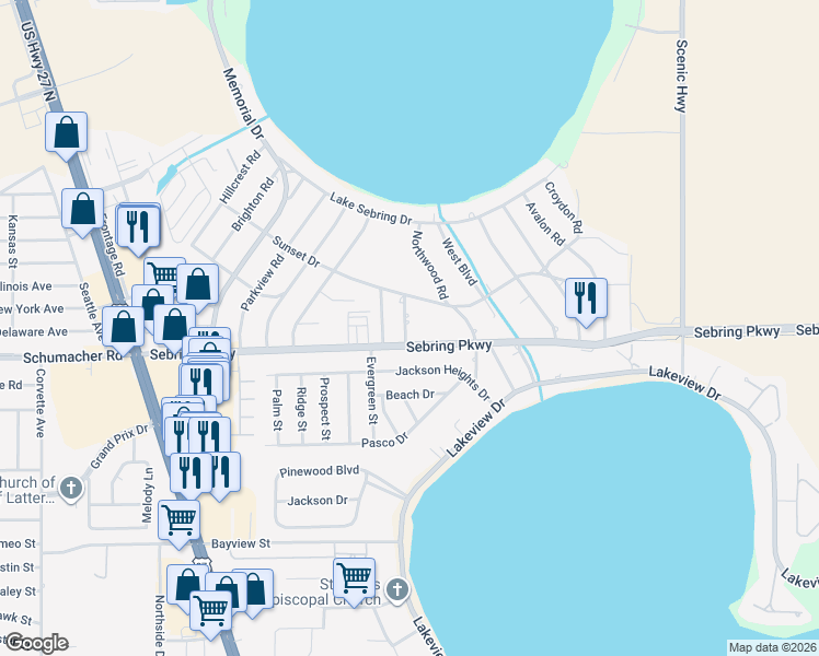 map of restaurants, bars, coffee shops, grocery stores, and more near 107 Springdale Road in Sebring