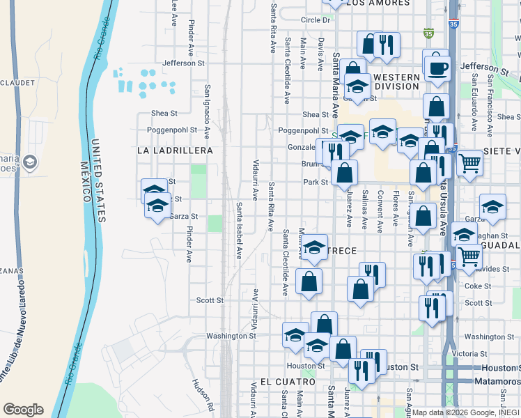 map of restaurants, bars, coffee shops, grocery stores, and more near 1812 Santa Rita Avenue in Laredo