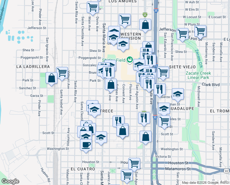 map of restaurants, bars, coffee shops, grocery stores, and more near 1816 Salinas Avenue in Laredo