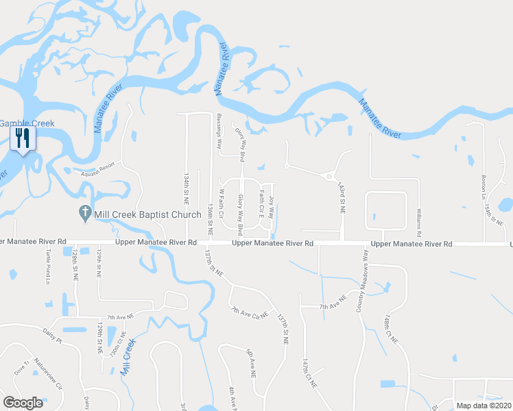 map of restaurants, bars, coffee shops, grocery stores, and more near 13821 Upper Manatee River Road in Bradenton