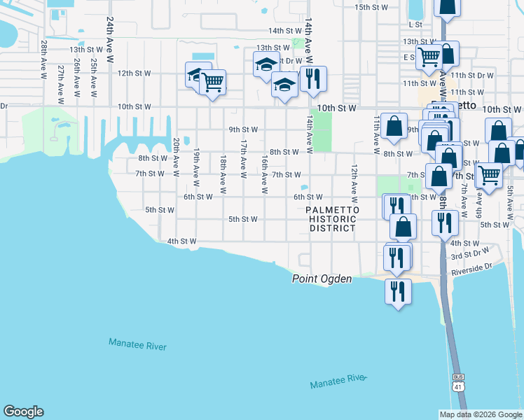 map of restaurants, bars, coffee shops, grocery stores, and more near 511 16th Avenue West in Palmetto