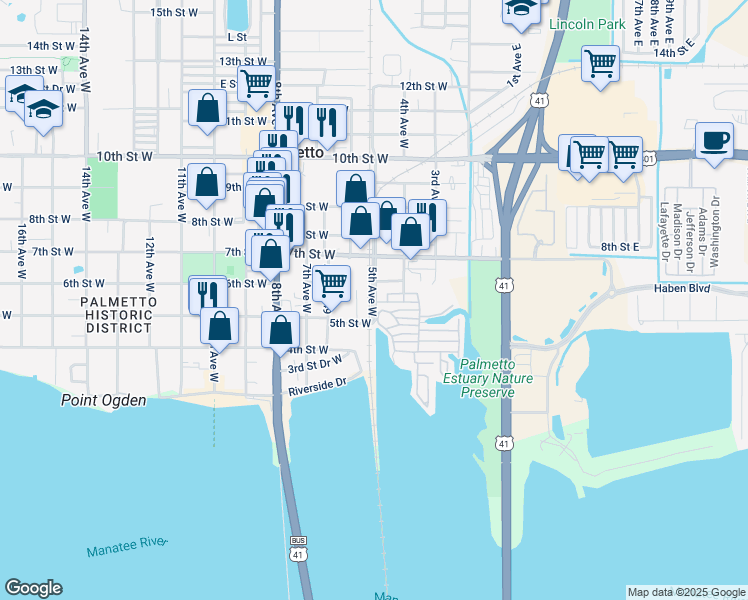 map of restaurants, bars, coffee shops, grocery stores, and more near 530 5th Avenue West in Palmetto