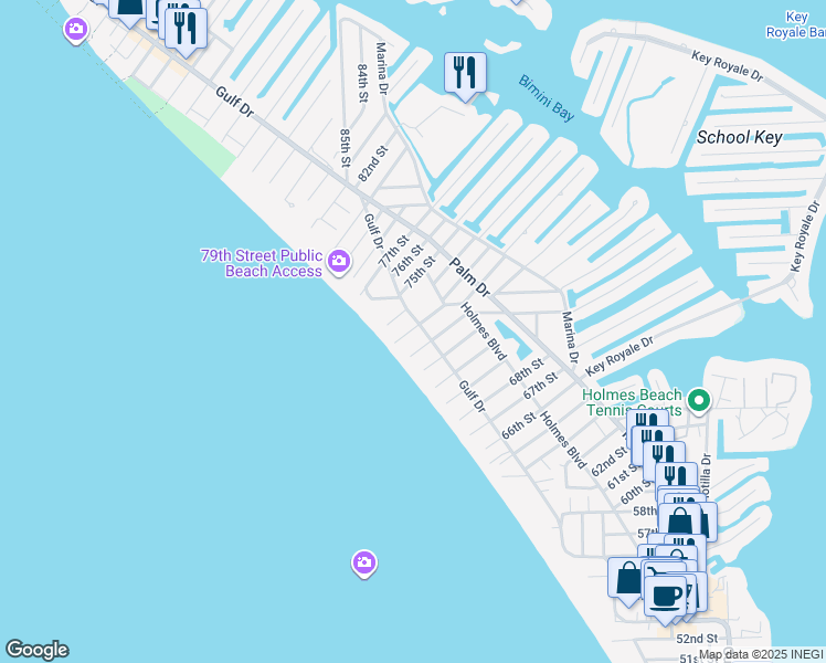 map of restaurants, bars, coffee shops, grocery stores, and more near 107b 73rd Street in Holmes Beach