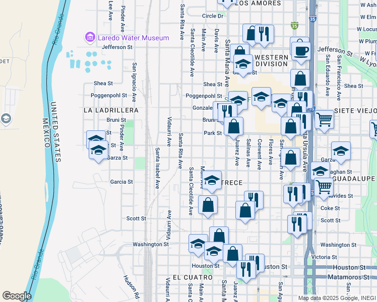 map of restaurants, bars, coffee shops, grocery stores, and more near 1809 Santa Cleotilde Avenue in Laredo