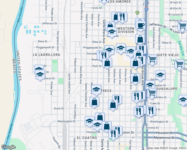map of restaurants, bars, coffee shops, grocery stores, and more near in Laredo