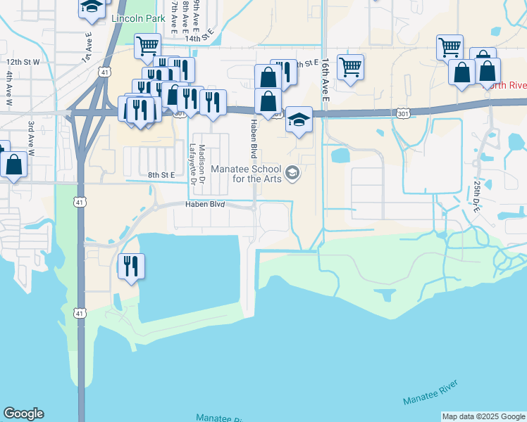 map of restaurants, bars, coffee shops, grocery stores, and more near 1604 3rd Street Circle East in Palmetto