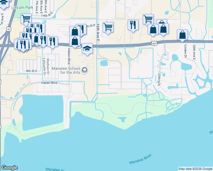 map of restaurants, bars, coffee shops, grocery stores, and more near 505 17th Avenue West in Palmetto