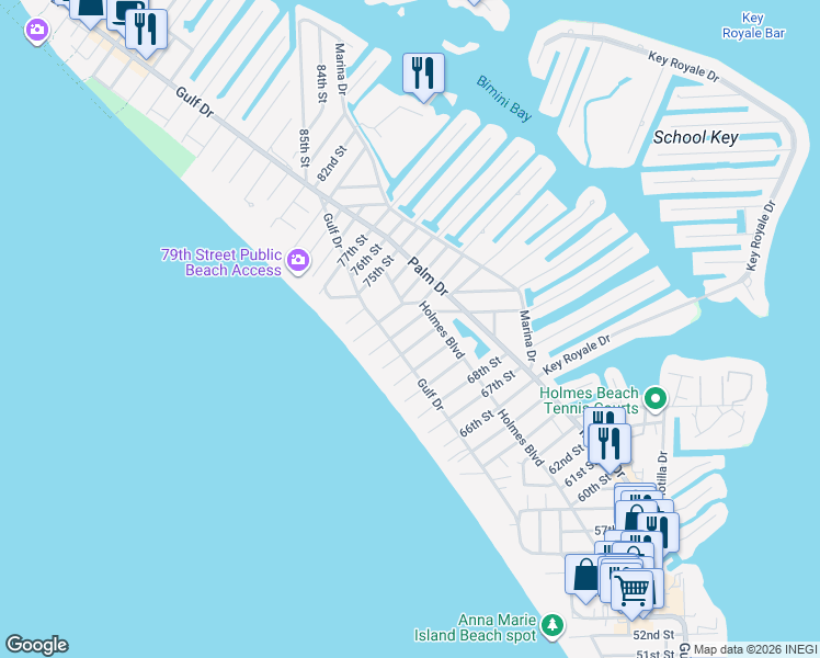 map of restaurants, bars, coffee shops, grocery stores, and more near 205 72nd Street in Holmes Beach
