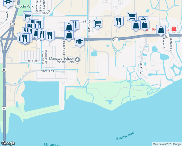 map of restaurants, bars, coffee shops, grocery stores, and more near 514 16th Avenue East in Palmetto