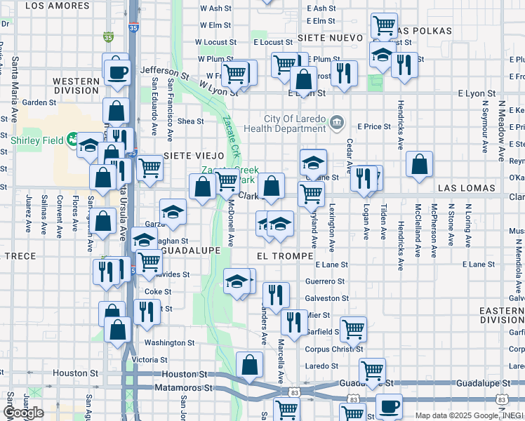 map of restaurants, bars, coffee shops, grocery stores, and more near 120 East Gustavus Street in Laredo
