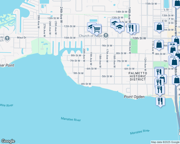 map of restaurants, bars, coffee shops, grocery stores, and more near 509 19th Avenue West in Palmetto
