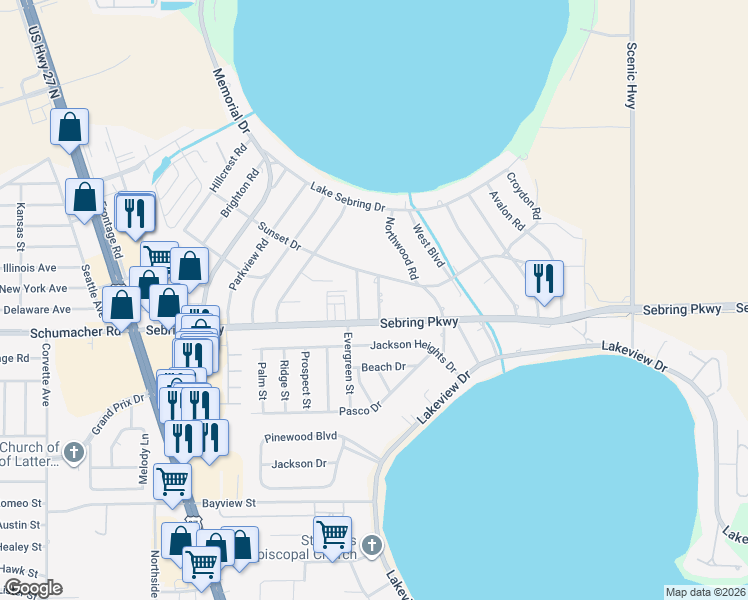 map of restaurants, bars, coffee shops, grocery stores, and more near 107 Springdale Road in Sebring