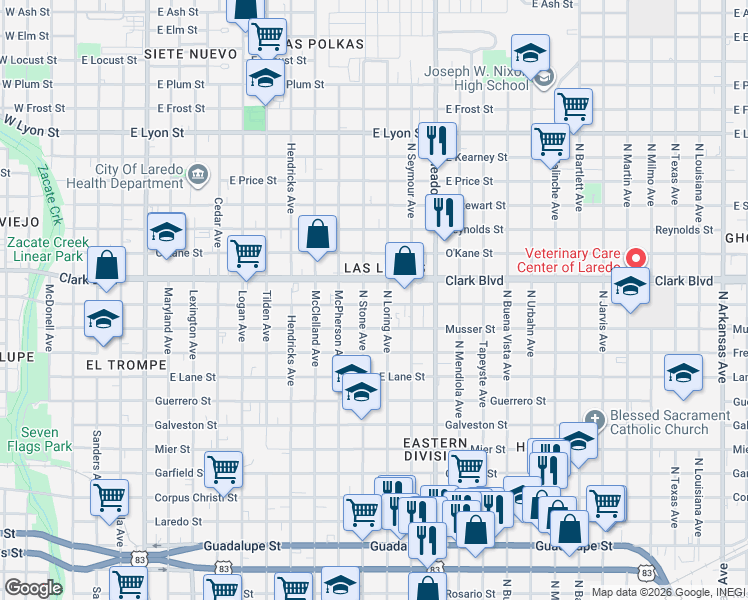 map of restaurants, bars, coffee shops, grocery stores, and more near 1306 East Gustavus Street in Laredo