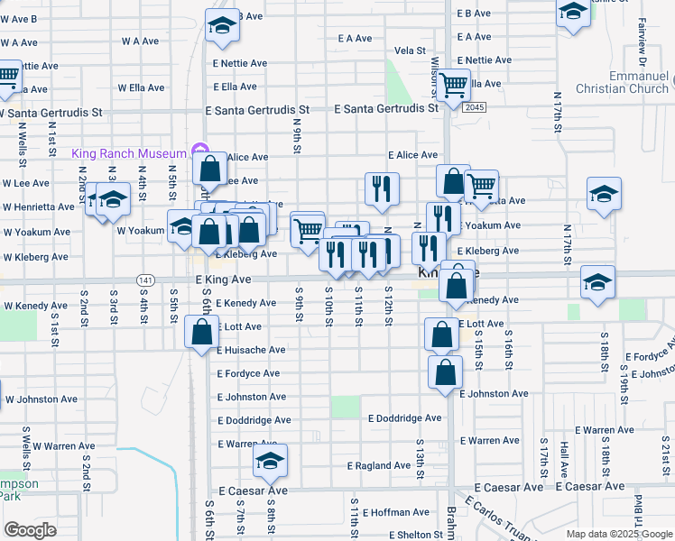 map of restaurants, bars, coffee shops, grocery stores, and more near 606 East King Avenue in Kingsville
