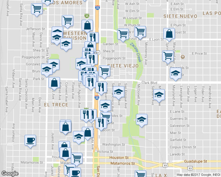 map of restaurants, bars, coffee shops, grocery stores, and more near 505 Sanchez Street in Laredo
