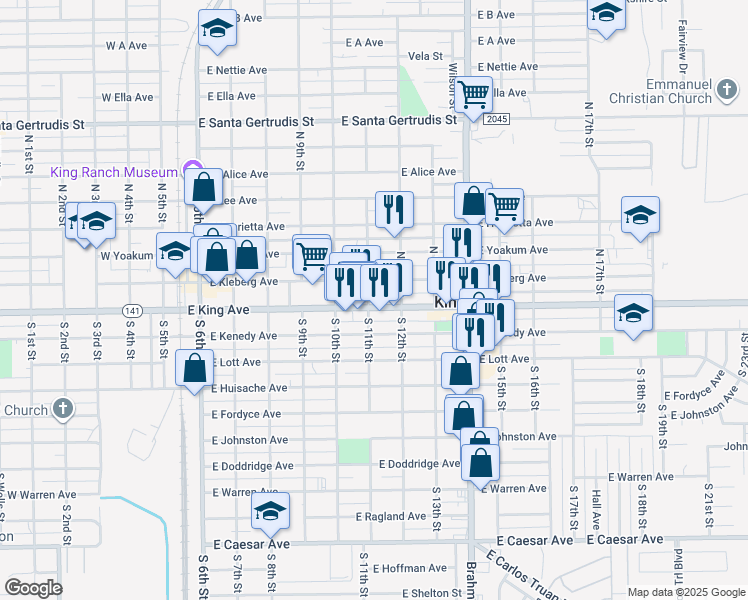 map of restaurants, bars, coffee shops, grocery stores, and more near 700 East King Avenue in Kingsville