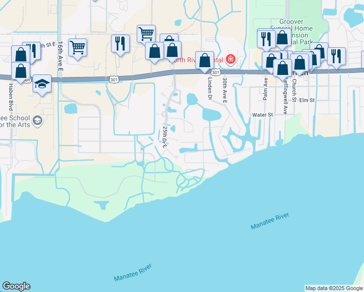 map of restaurants, bars, coffee shops, grocery stores, and more near 356 5th Street Court East in Ellenton