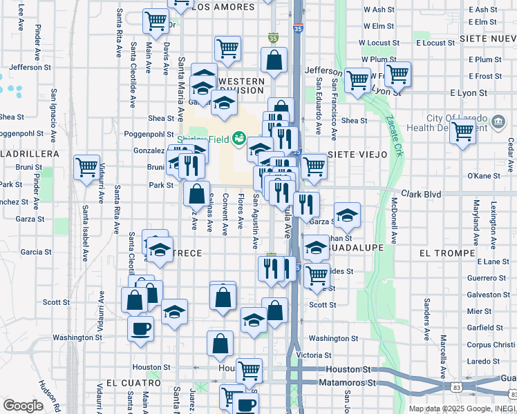 map of restaurants, bars, coffee shops, grocery stores, and more near 1819 San Agustin Avenue in Laredo