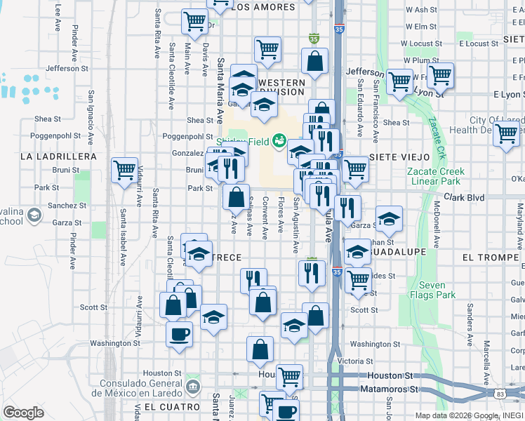 map of restaurants, bars, coffee shops, grocery stores, and more near 1115 Sanchez Street in Laredo