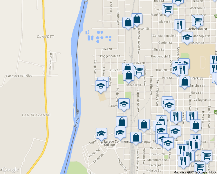 map of restaurants, bars, coffee shops, grocery stores, and more near 1818 Lee Avenue in Laredo