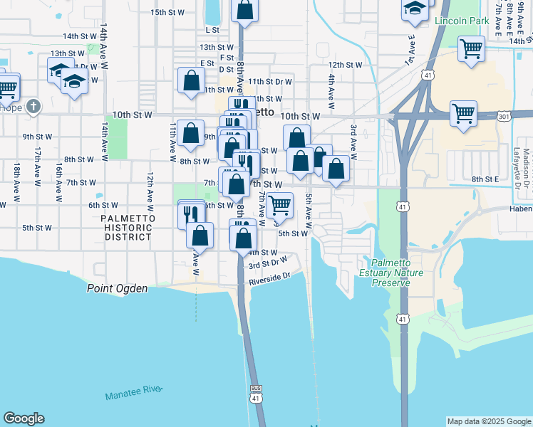 map of restaurants, bars, coffee shops, grocery stores, and more near 525 7th Avenue West in Palmetto