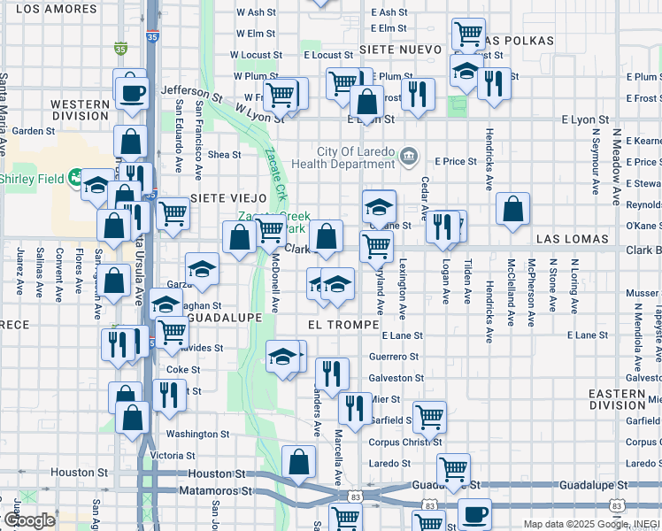 map of restaurants, bars, coffee shops, grocery stores, and more near 120 East Gustavus Street in Laredo