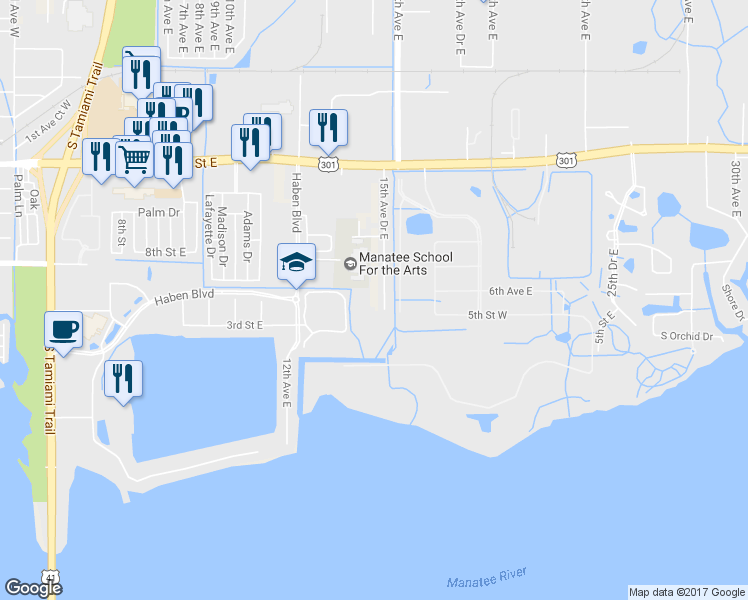 map of restaurants, bars, coffee shops, grocery stores, and more near 529 15th Avenue Drive East in Palmetto