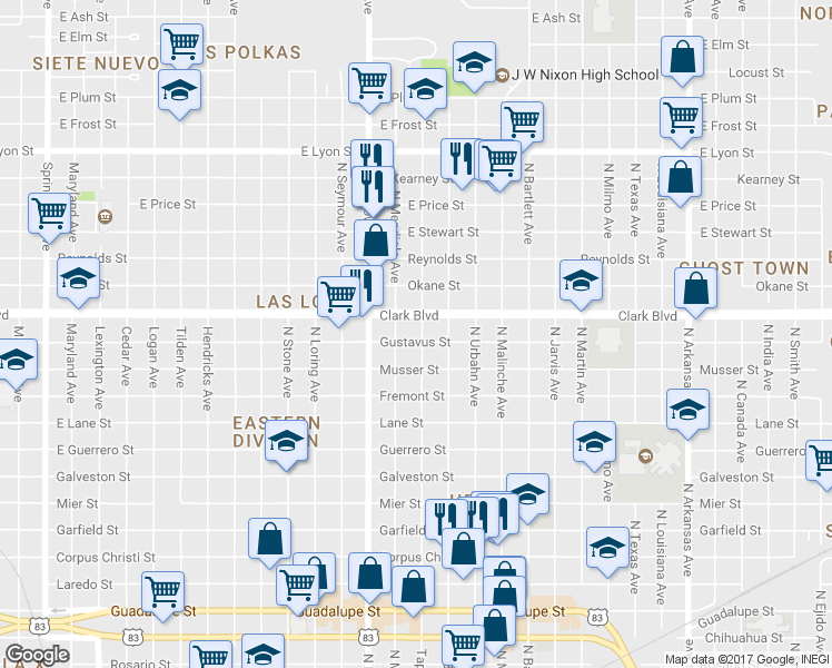 map of restaurants, bars, coffee shops, grocery stores, and more near 1720 Gustavus Street in Laredo