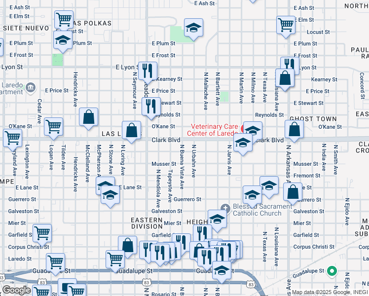 map of restaurants, bars, coffee shops, grocery stores, and more near 1902 Gustavus St in Laredo