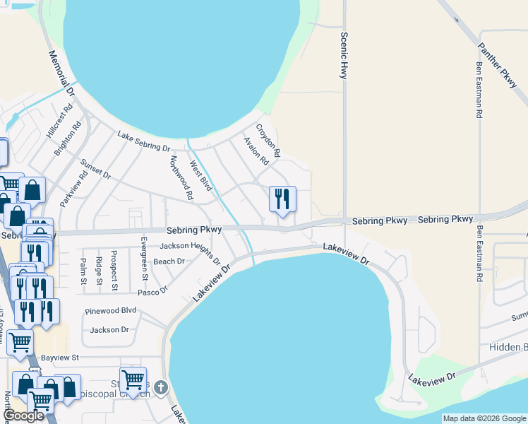 map of restaurants, bars, coffee shops, grocery stores, and more near 2020 Gardenview Road in Sebring