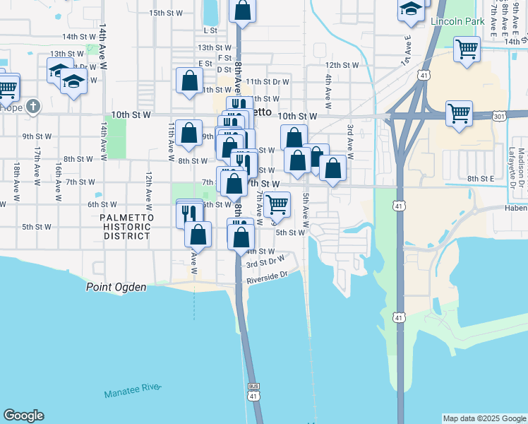map of restaurants, bars, coffee shops, grocery stores, and more near 525 7th Avenue West in Palmetto