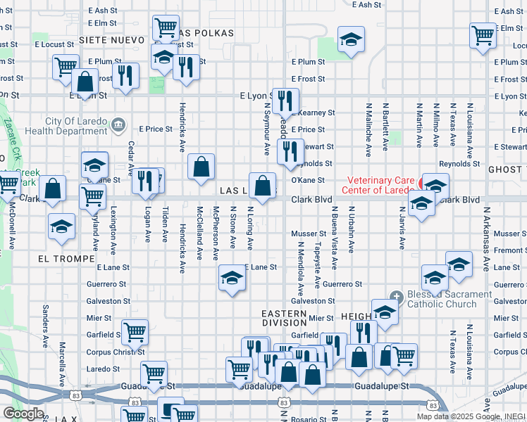 map of restaurants, bars, coffee shops, grocery stores, and more near 1420 East Gustavus Street in Laredo