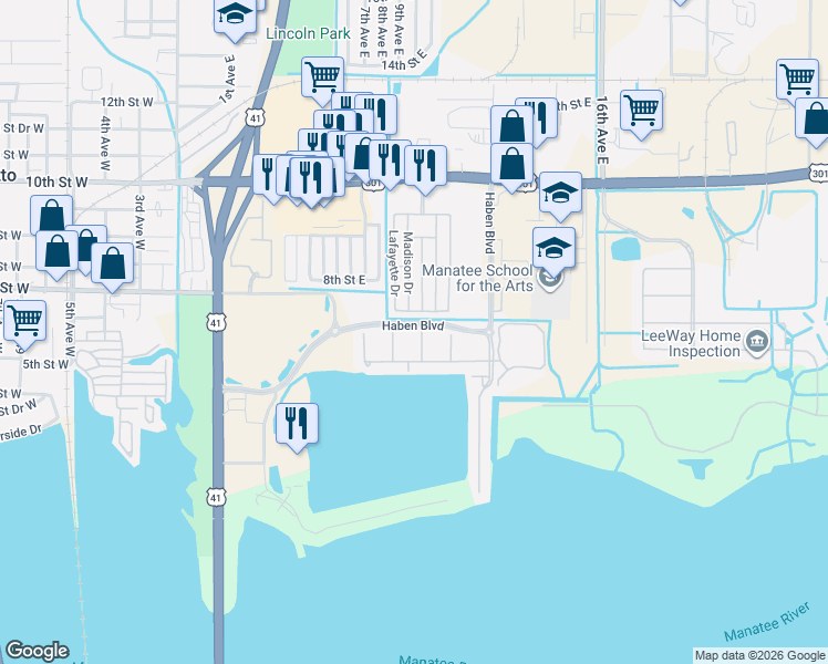 map of restaurants, bars, coffee shops, grocery stores, and more near 313 10th Avenue East in Palmetto