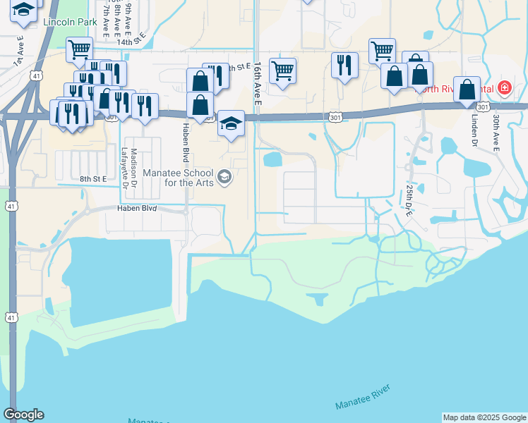 map of restaurants, bars, coffee shops, grocery stores, and more near 514 16th Avenue East in Palmetto