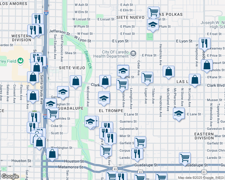 map of restaurants, bars, coffee shops, grocery stores, and more near 301 Clark Boulevard in Laredo