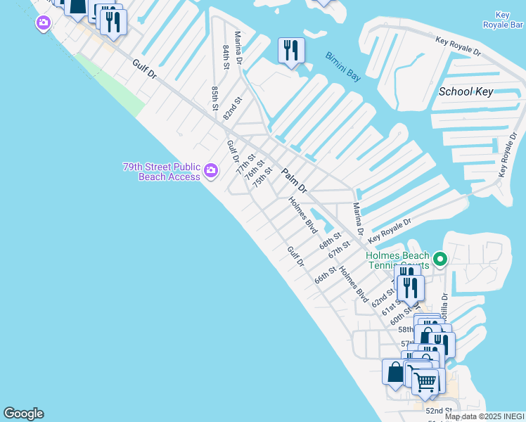 map of restaurants, bars, coffee shops, grocery stores, and more near 107b 73rd Street in Holmes Beach