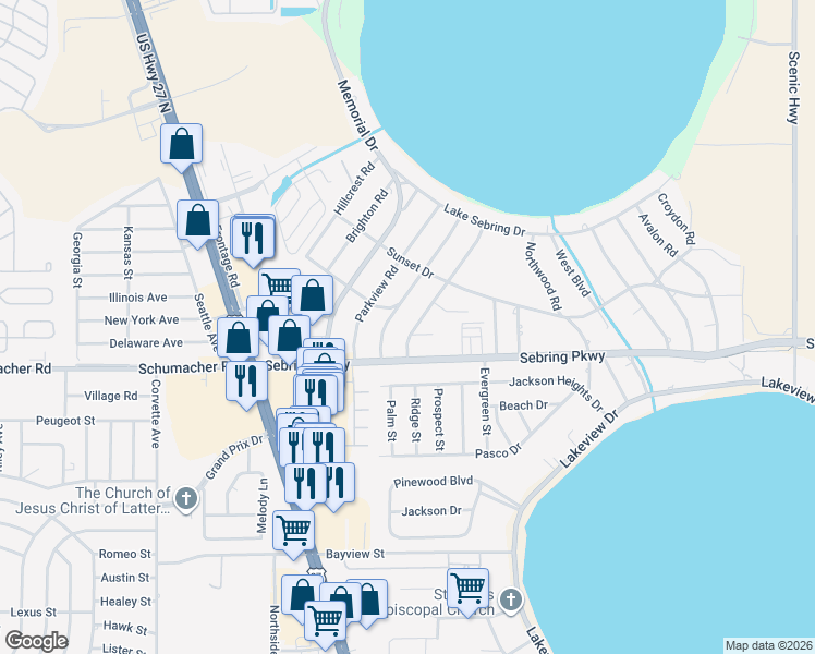 map of restaurants, bars, coffee shops, grocery stores, and more near 109 Longview Road in Sebring