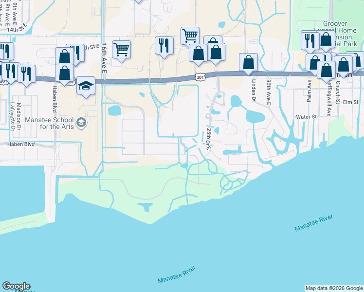 map of restaurants, bars, coffee shops, grocery stores, and more near 2121 6th Street West in Palmetto