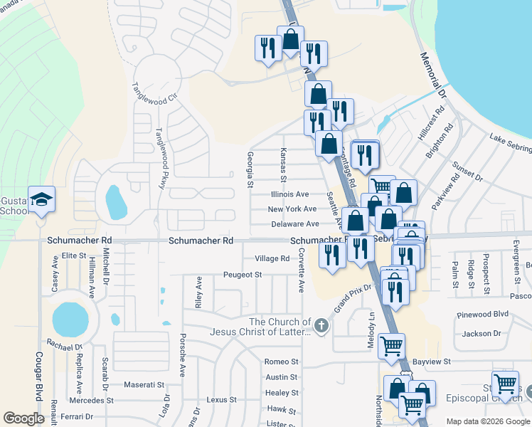 map of restaurants, bars, coffee shops, grocery stores, and more near 3535 New York Avenue in Sebring