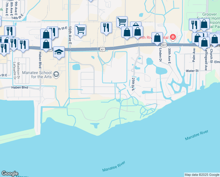 map of restaurants, bars, coffee shops, grocery stores, and more near 2121 6th Street West in Palmetto