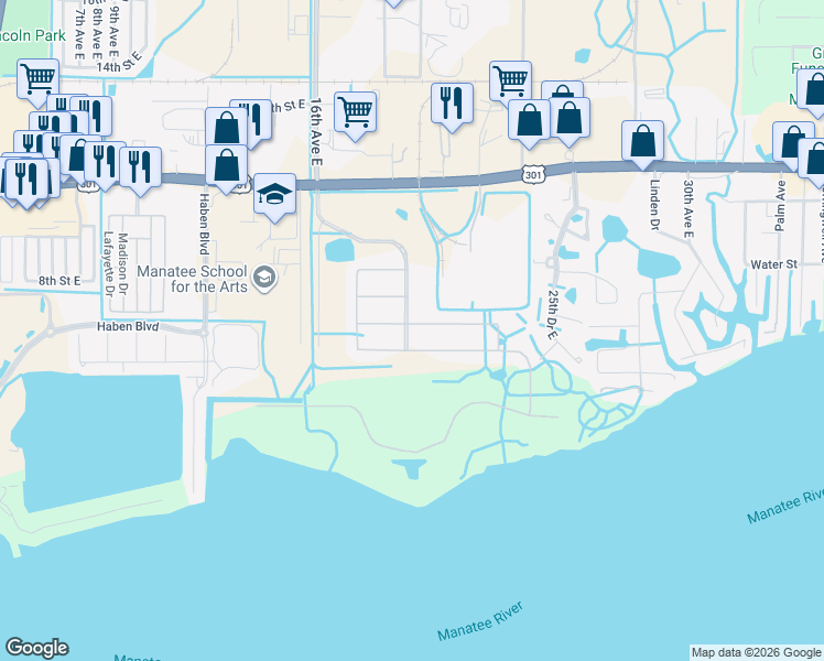 map of restaurants, bars, coffee shops, grocery stores, and more near 1813 6th Avenue West in Palmetto