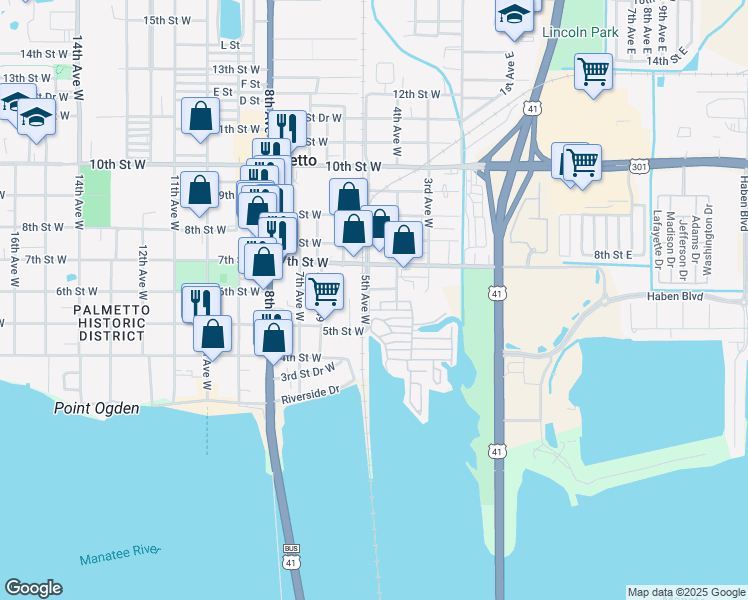 map of restaurants, bars, coffee shops, grocery stores, and more near 530 5th Avenue West in Palmetto