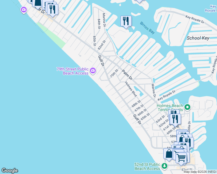 map of restaurants, bars, coffee shops, grocery stores, and more near 107b 73rd Street in Holmes Beach