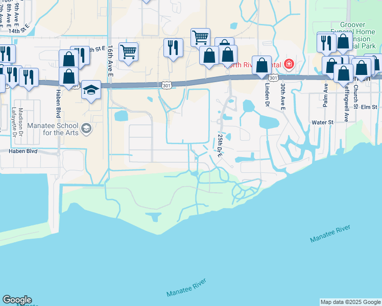 map of restaurants, bars, coffee shops, grocery stores, and more near 2121 6th Street West in Palmetto